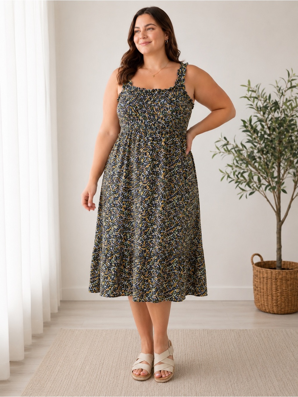 Dex Navy Floral Smocked Midi Dress | Cottagecore Prairie Sundress